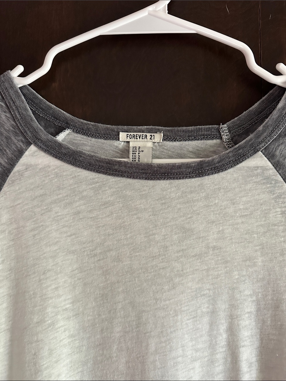 Forever 21 White Body with Charcoal Raglan Sleeve Baseball Tee - Picture 2 of 7